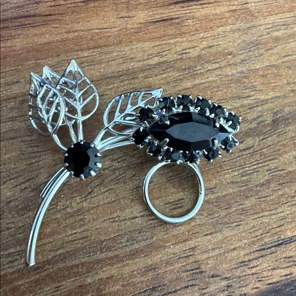 Silver-Tone Black Crystal Leaf Brooch - Women's Jewelry | pretty black jewelry